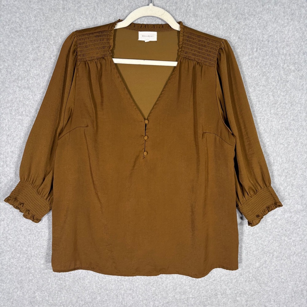 Melloday Satin Blouse Medium Brown Smocked Ruffle Puff Sleeve Popover Bronze